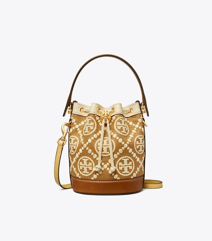 Aged Camello Mix Tory Burch T Monogram Embroidered Raffia Mini Women's Bucket Bags | AU8697321