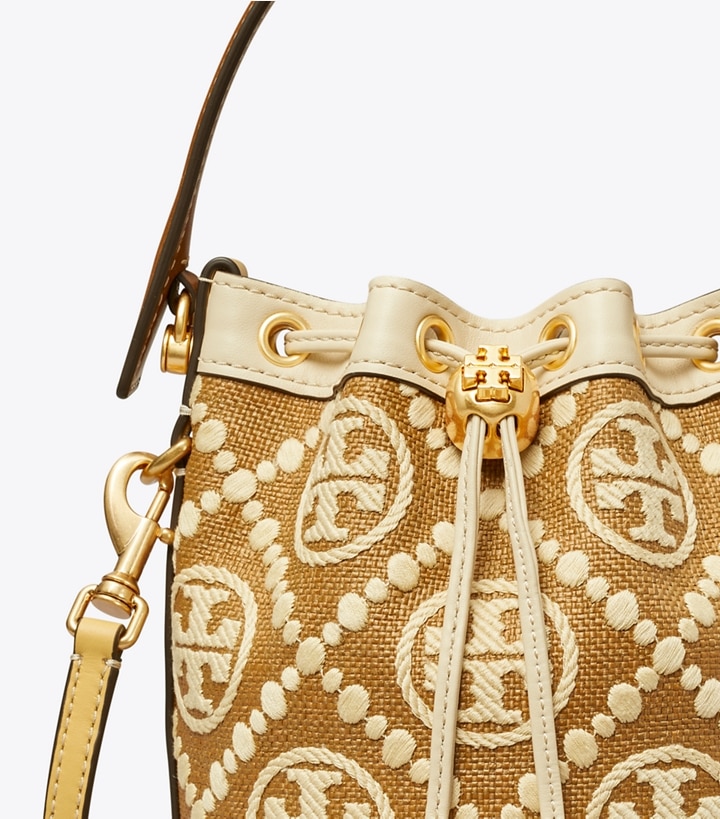 Aged Camello Mix Tory Burch T Monogram Embroidered Raffia Mini Women's Bucket Bags | AU8697321