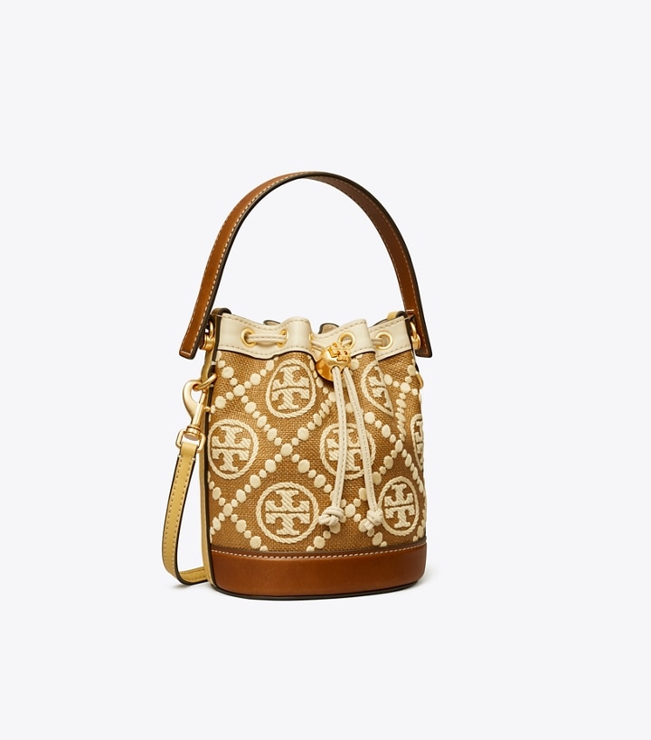 Aged Camello Mix Tory Burch T Monogram Embroidered Raffia Mini Women\'s Bucket Bags | AU8697321