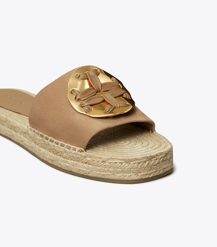 Almond Flour Tory Burch Woven Double T Espadrille Women's Slide | AU3628057