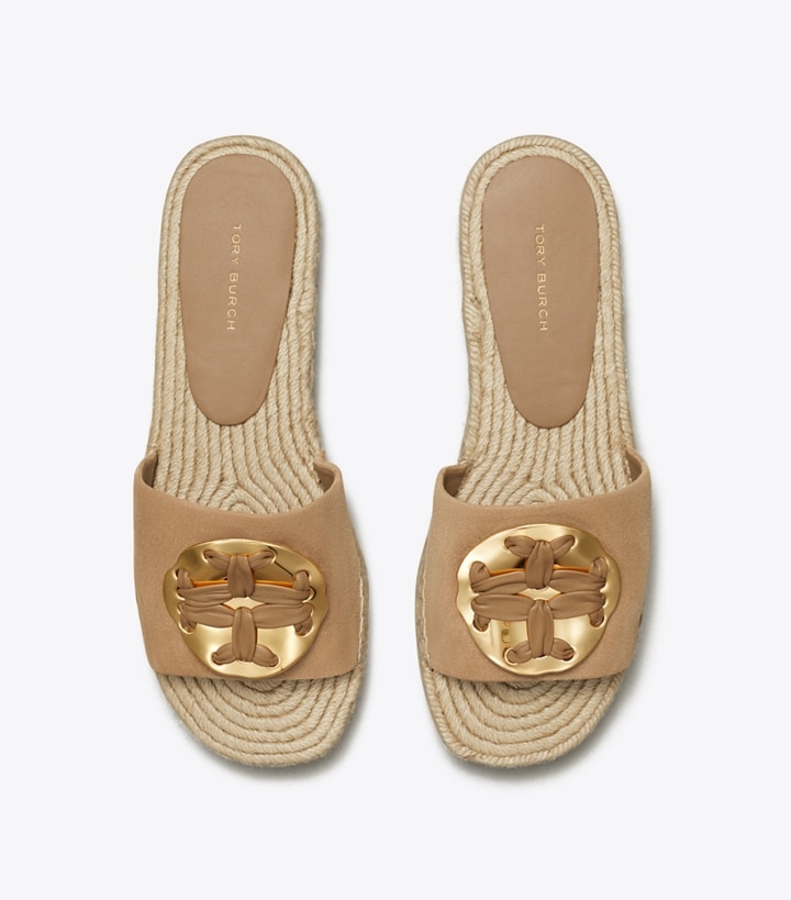 Almond Flour Tory Burch Woven Double T Espadrille Women's Slide | AU3628057