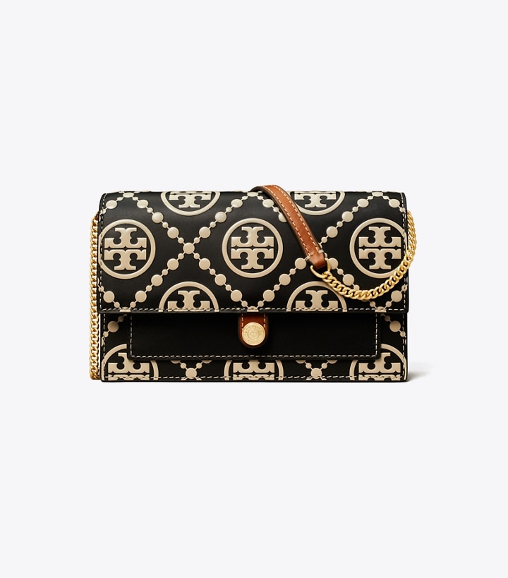 Black New Cream Tory Burch T Monogram Contrast Embossed Chain Wallet Women's Mini Bags | AU9308421