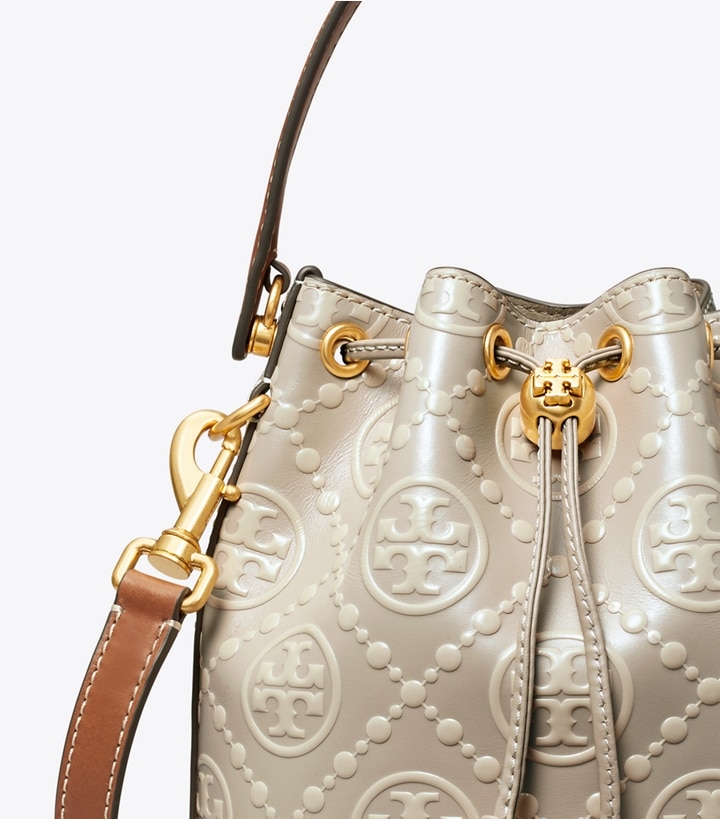 Longan New Cream Tory Burch T Monogram Contrast Embossed Women's Bucket Bags | AU9268015