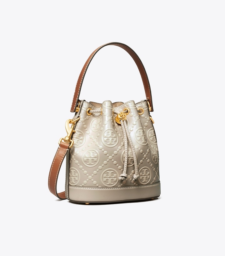 Longan New Cream Tory Burch T Monogram Contrast Embossed Women\'s Bucket Bags | AU9268015