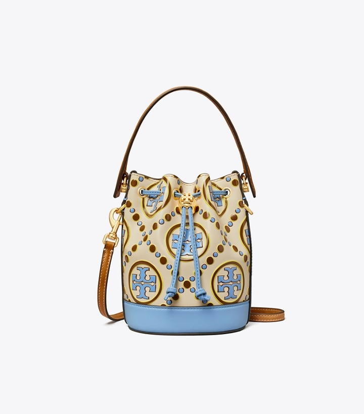 New Ivory Dauphin Blue Tory Burch Mini T Monogram Contrast Embossed Women's Bucket Bags | AU7806213