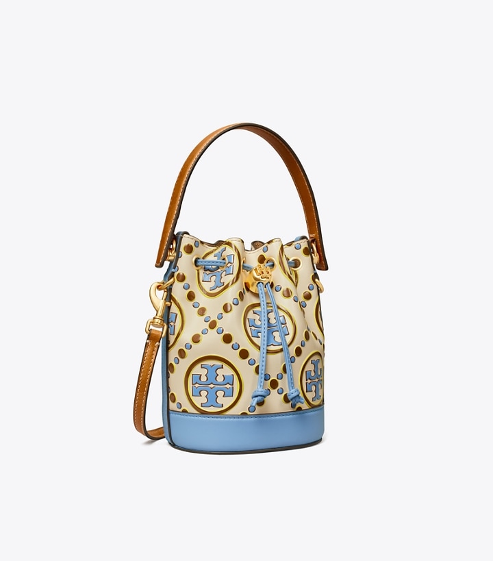 New Ivory Dauphin Blue Tory Burch Mini T Monogram Contrast Embossed Women\'s Bucket Bags | AU7806213