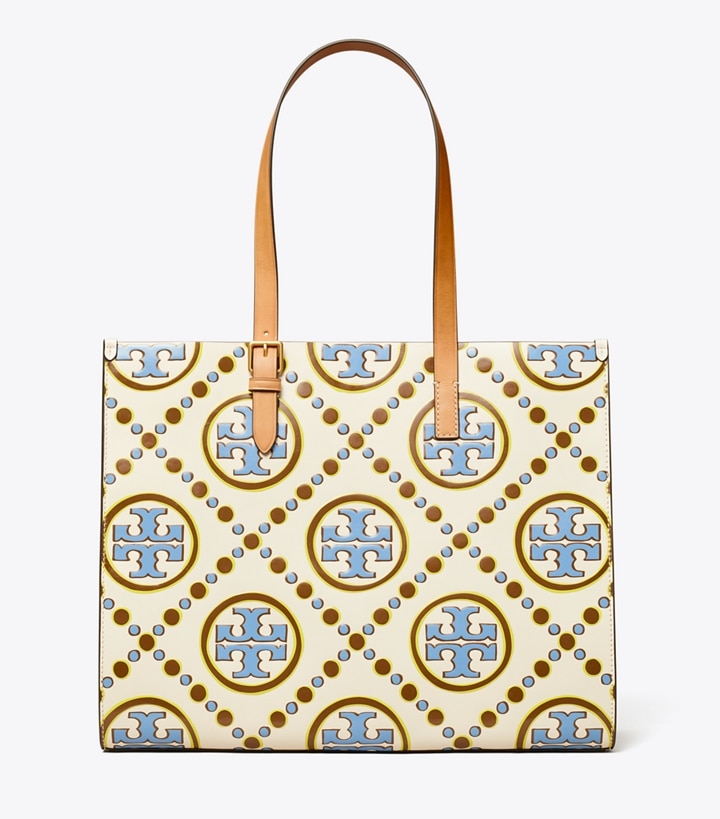 New Ivory Dauphin Blue Tory Burch T Monogram Contrast Embossed Women's Tote Bags | AU5832401