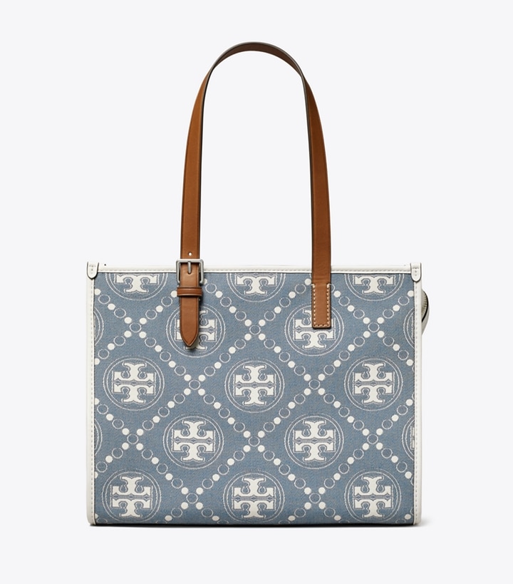 Pearl Blue Tory Burch Small T Monogram Denim Women's Tote Bags | AU2135709