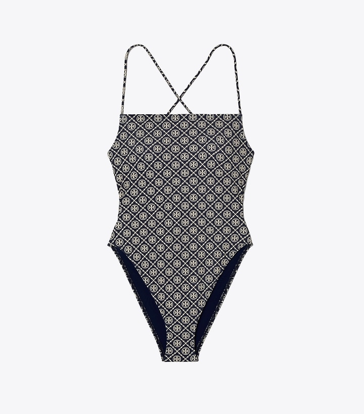 T Monogram Tory Navy / Sesame Tory Burch Printed Tie-back One-piece Women\'s Swimsuit | AU3154792