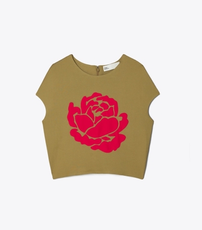 Ash Green Tory Burch Jersey Crepe Rose Women's Tops | AU4209563