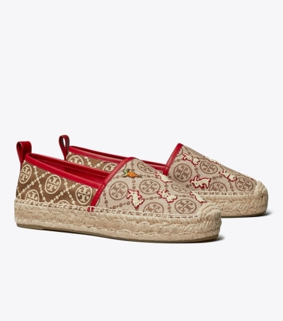 Hazel T Monogram Tory Red Tory Burch T Monogram Rabbit Embroidered Women's Espadrilles | AU2049378