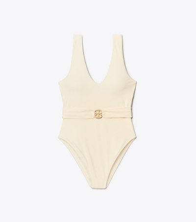 New Ivory Tory Burch Miller Plunge One-piece Women's Swimsuit | AU4836129