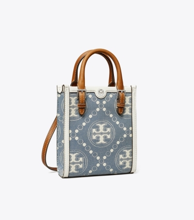 Pearl Blue Tory Burch Mini T Monogram Denim Women's Tote Bags | AU5143762