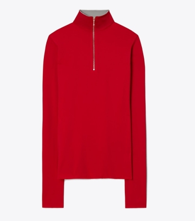 Rich Red Tory Burch Zip Front Long-sleeve Jersey Women's Tops | AU0563241