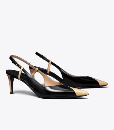 Sand Buff Perfect Black Tory Burch Triangle Slingback Women's Heels | AU4753289