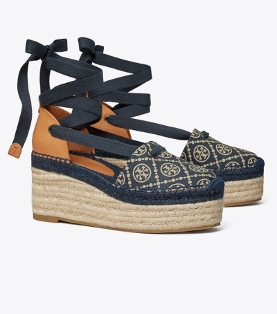 inverse navy t-monogram jazz cuoio Tory Burch T Monogram Wedge Women's Espadrilles | AU4972130